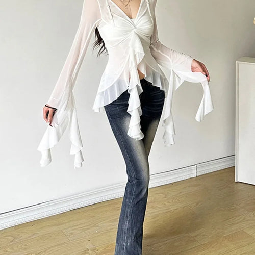 Load image into Gallery viewer, Y2k Aesthetic Gauze Irregular Ruffled Tshirts Women Slim Fit Grunge Fairy Solid T Shirt Harajuku See Through Streetwear Top 2025
