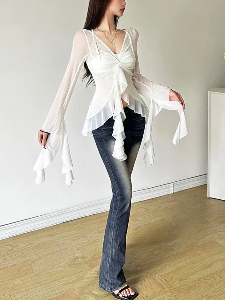 Y2k Aesthetic Gauze Irregular Ruffled Tshirts Women Slim Fit Grunge Fairy Solid T Shirt Harajuku See Through Streetwear Top 2025