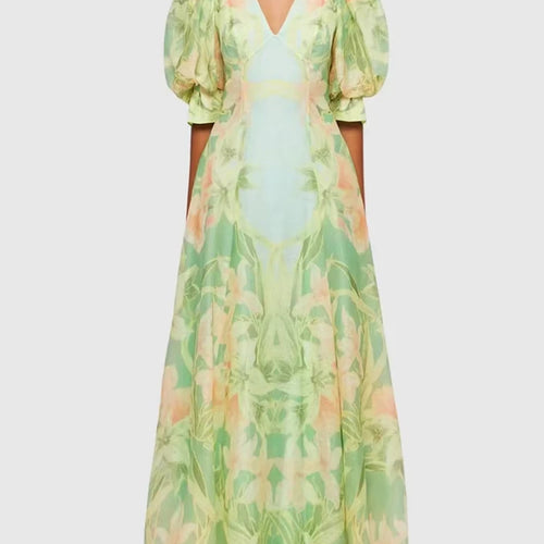 Load image into Gallery viewer, Green Printing Dresses For Women V Neck Short Puff Sleeve High Waist Summer Folds Long Dress Female Fashion Clothing 2023
