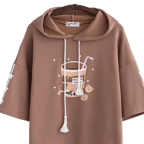 Load image into Gallery viewer, Harakuju Print Kawaii Hoodies Women Summer Half Sleeve Cotton Hooded Sweatshirts Sweet Style Korean Fashion Drawstring Tops
