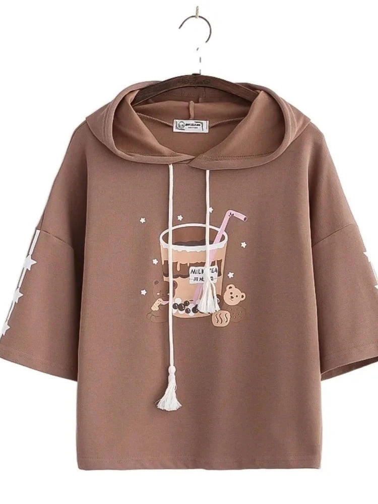 Harakuju Print Kawaii Hoodies Women Summer Half Sleeve Cotton Hooded Sweatshirts Sweet Style Korean Fashion Drawstring Tops