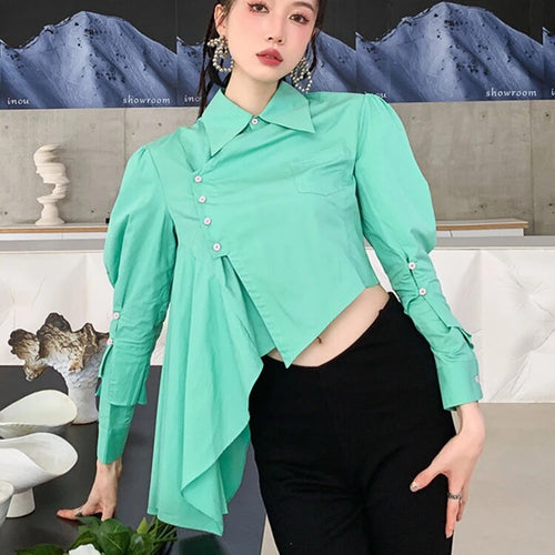 Load image into Gallery viewer, Minimalist Shirts For Women Lapel Long Sleeve Patchwork Button Casual Loose Irregular Summer Blouse Female Fashion
