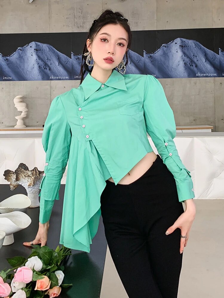 Minimalist Shirts For Women Lapel Long Sleeve Patchwork Button Casual Loose Irregular Summer Blouse Female Fashion