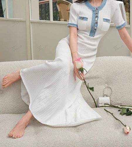 Korean Summer Black White Patchwork Elegant Office Lady Knitted Long Dress Women's Slim Short Sleeve Single Breasted Dress Trend