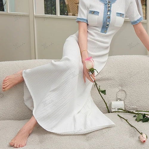 Load image into Gallery viewer, Korean Summer Black White Patchwork Elegant Office Lady Knitted Long Dress Women's Slim Short Sleeve Single Breasted Dress Trend
