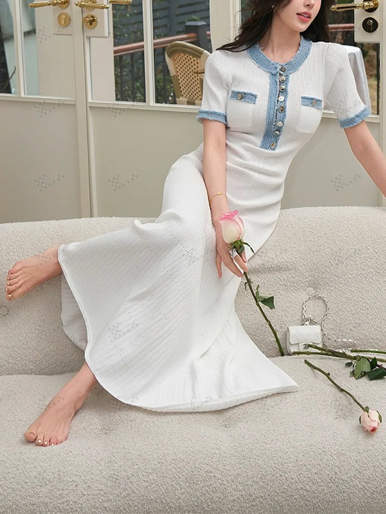 Korean Summer Black White Patchwork Elegant Office Lady Knitted Long Dress Women's Slim Short Sleeve Single Breasted Dress Trend