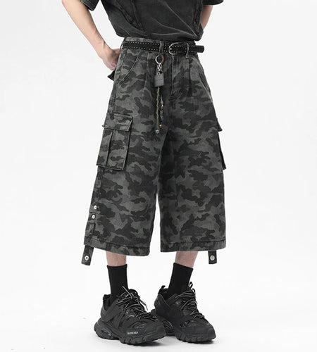 High Street Men's Denim Shorts New Summer Large Pockets Design Multi Buttons Male Straight American Style Bottoms  9W1672