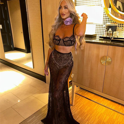 Load image into Gallery viewer, See Through Lace Two Piece Skirt Sets Women Crop Top And Maxi Skirt Sets Elegant Party Beach Sexy Two Piece Set
