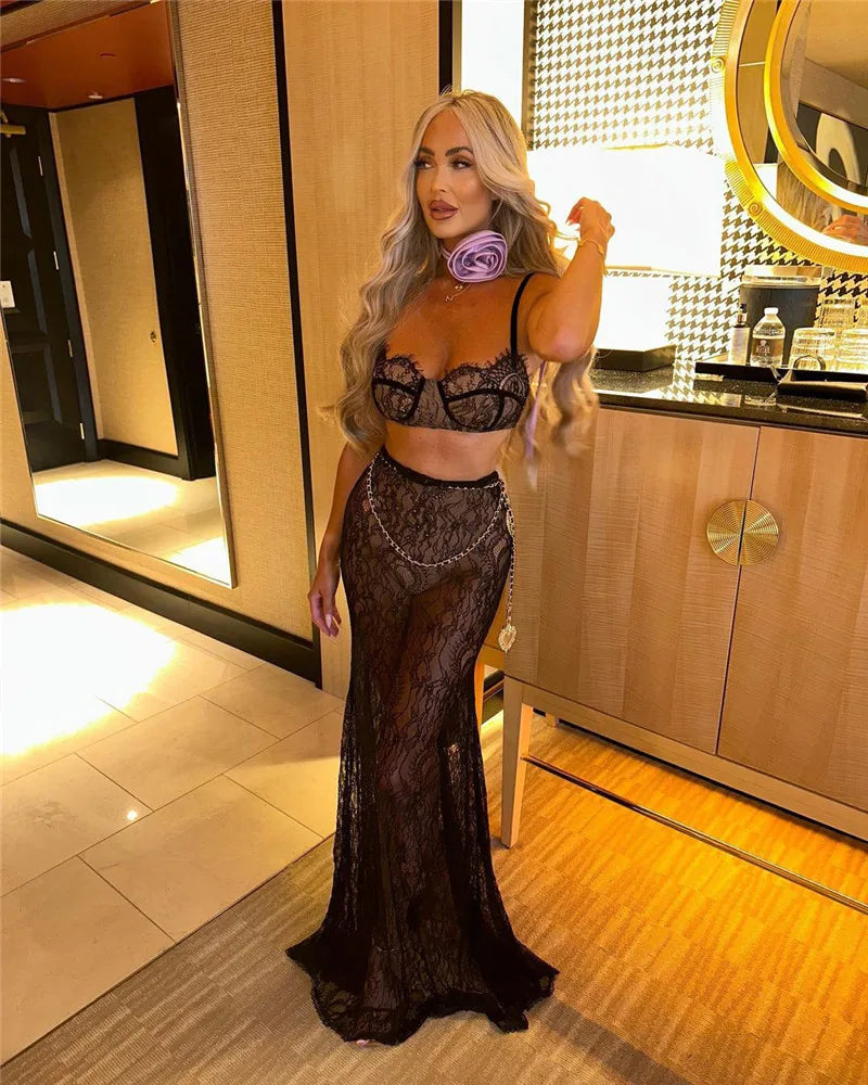 See Through Lace Two Piece Skirt Sets Women Crop Top And Maxi Skirt Sets Elegant Party Beach Sexy Two Piece Set