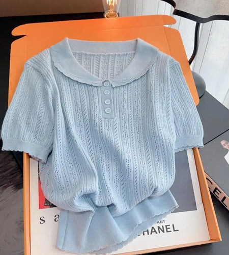 Korean Women Solid Elegant Hollow Out Office Lady Knitted T Shirt Summer Single Breasted Versatile Short Sleeved Tops 2025 Trend