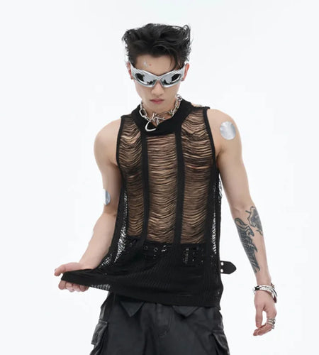 Hollow-out Men's Vest Round Collar Knitting Tank TopS Slim Fit Solid Color Sleeveless Sexy Summer Streetwear 24Y173