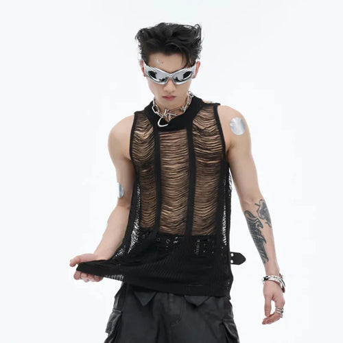 Load image into Gallery viewer, Hollow-out Men&#39;s Vest Round Collar Knitting Tank TopS Slim Fit Solid Color Sleeveless Sexy Summer Streetwear 24Y173
