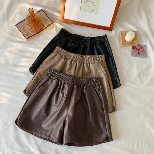 Load image into Gallery viewer, Korean Version Women Elastic High Waist New Black Pu Leather Short Pants Fashion Brown Wide Leg Shorts Autumn Winter Versatile
