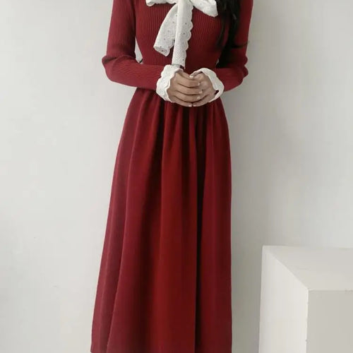 Load image into Gallery viewer, Korean Retro 2024 New Women Black Beige Patchwork Lace Holiday Pleated Dress Autumn Winter Red Bow Bandage Knitted Dress Popular

