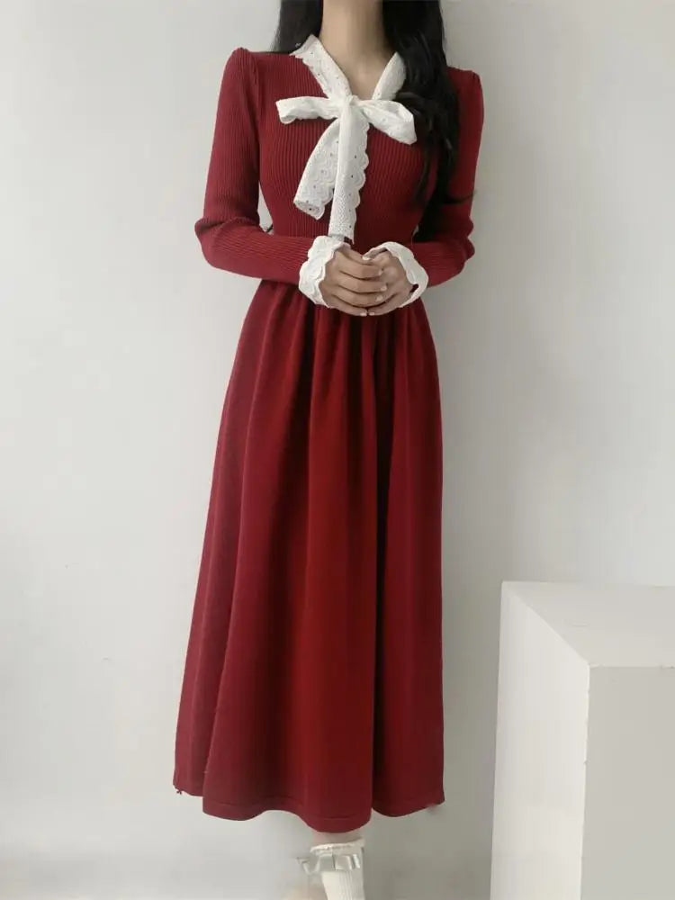 Korean Retro 2024 New Women Black Beige Patchwork Lace Holiday Pleated Dress Autumn Winter Red Bow Bandage Knitted Dress Popular