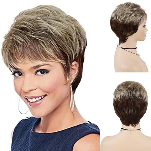 Load image into Gallery viewer, Synthetic Hair Ombre Blonde Wig with Bangs Short Wigs for White Women Pixie Cut Wig Female Brown Roots Layered Wig
