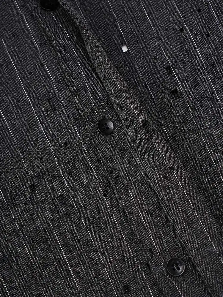 Women Dark Gray Striped Big Size Rhinestones Blouse New Lapel Long Sleeve Shirt Fashion Tide Spring Autumn 2025 CPG2428