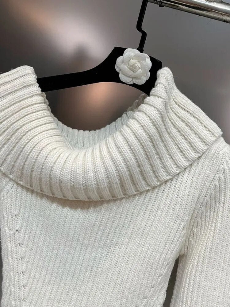 Knitting Minimalist Sweater For Women Skew Collar Long Sleeve Off Shoulder Casual Pullover Female Clothing