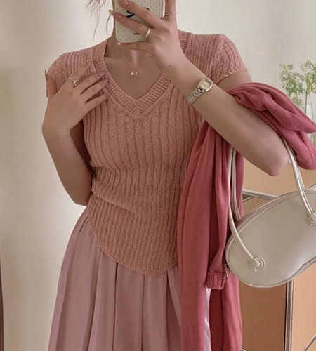 y2k Summer Tops for Women Solid Color V Neck Short Sleeve Ribbed Knitted T Shirts 2000s Aesthetic Clothing Streetwear