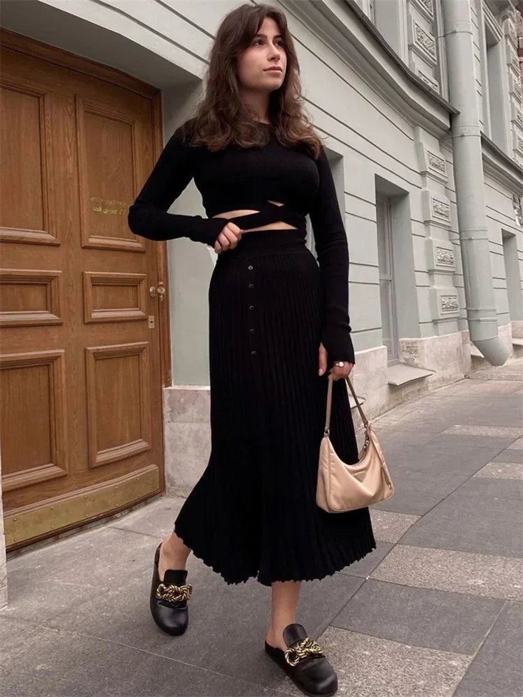 White Knit Two Piece Women Sets Fall Ribbed Crop Top And Pleated Knitted Skirt Suits For Women Midi Dress Sets 2022