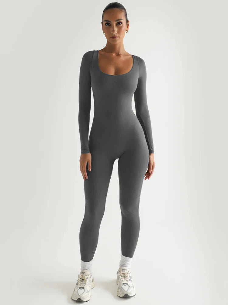 Square Neck Long Sleeve Zipper Women Jumpsuit Elastic Tight High Waist Playsuit Slim Sporty Casual Outdoor Street Romper