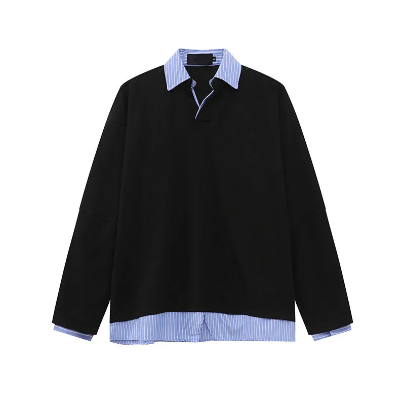 Men's T-shirts New Style Fake Two-piece Patchwork Contrast Color Splicing Lapel Long Sleeved Loose Top Summer 9W1603