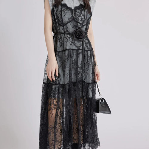 Load image into Gallery viewer, Women Gray Lace Perspective Big Size Midi Dress New Round Neck Short Sleeve Fashion Tide Spring Summer 2025 1DJ1429
