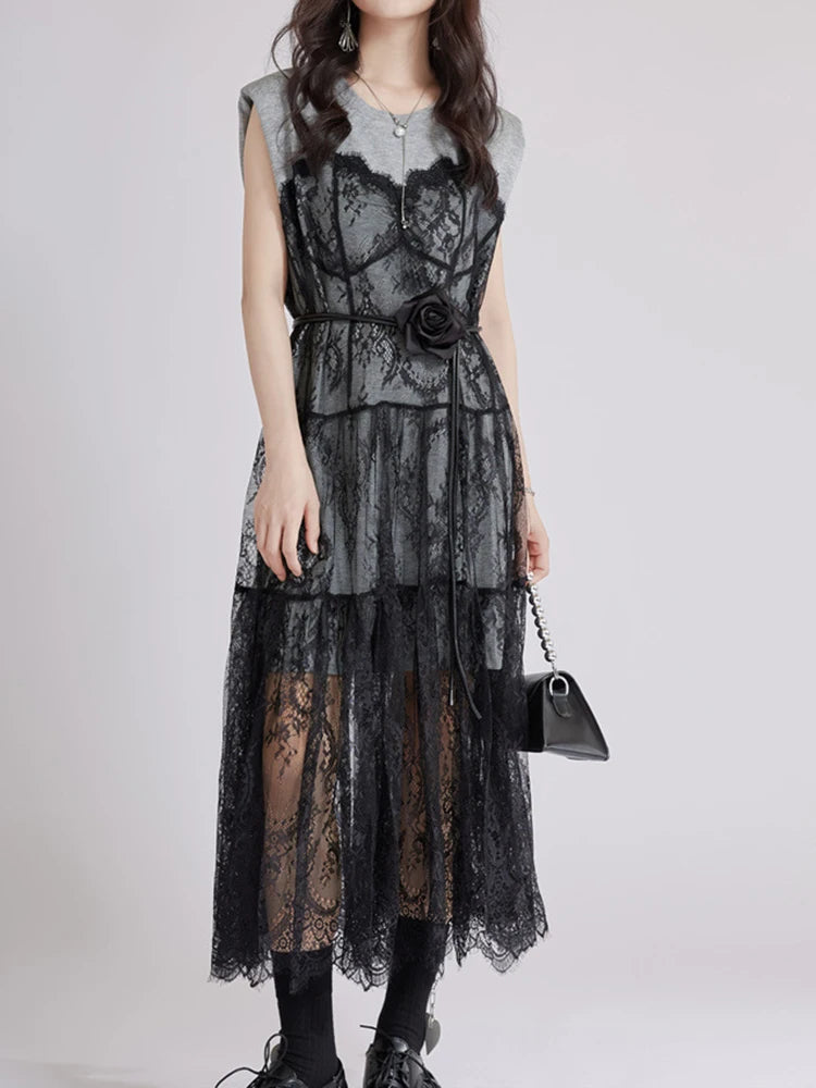 Women Gray Lace Perspective Big Size Midi Dress New Round Neck Short Sleeve Fashion Tide Spring Summer 2025 1DJ1429