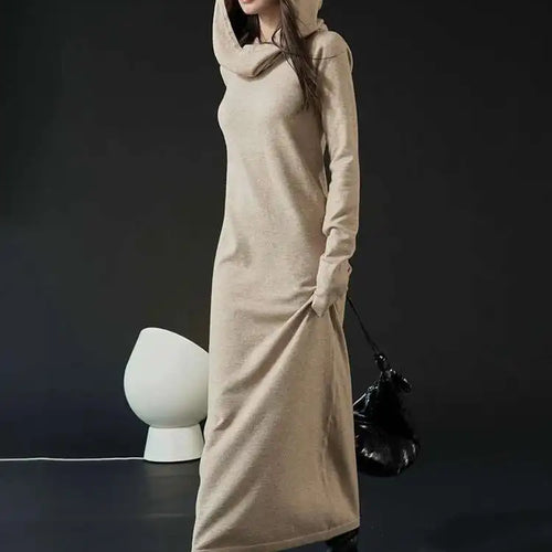 Load image into Gallery viewer, Women Oat Color Knitting Ankle Length Dress New Hooded Long Sleeve Loose Fit Fashion Tide Spring Autumn 2025 1DH3764

