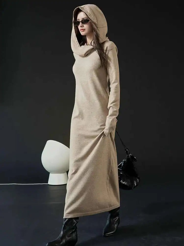 Women Oat Color Knitting Ankle Length Dress New Hooded Long Sleeve Loose Fit Fashion Tide Spring Autumn 2025 1DH3764