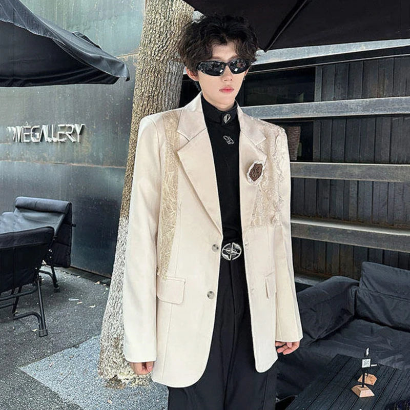 Men's Lace Suit Jacket Solid Color Single Breasted Three Dimensional Handmade Rose Design New Stylish Blazer 2025 9W1342