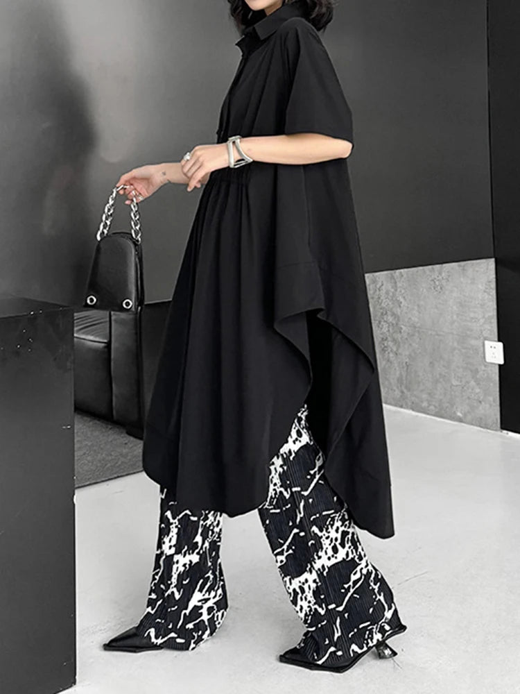 Women Black Side Slit Irregular Big Size Midi Shirt Dress New Lapel Short Sleeve Fashion Tide Spring Summer 2025 1DJ1121