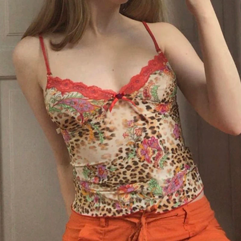 Vintage Floral Leopard Printing Skinny Sexy Tops Party Lace Trim Strap Bow Y2K Aesthetic 2000s Summer Crop Top Women