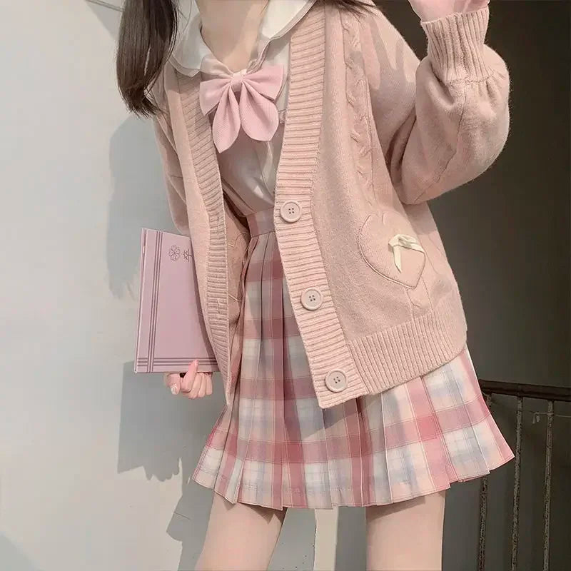 Japanese Kawaii Knitted Cardigan Women Heart Bow Pockets Cute Sweater Coat JK Girl Sweet Loose V-neck Kardigan Damski