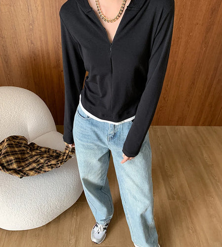 Women Wine Red Gray Color-block Pleated Zipper Slim T-shirt New Hooded Long Sleeve Fashion Tide Spring Autumn 2025 1DH7888