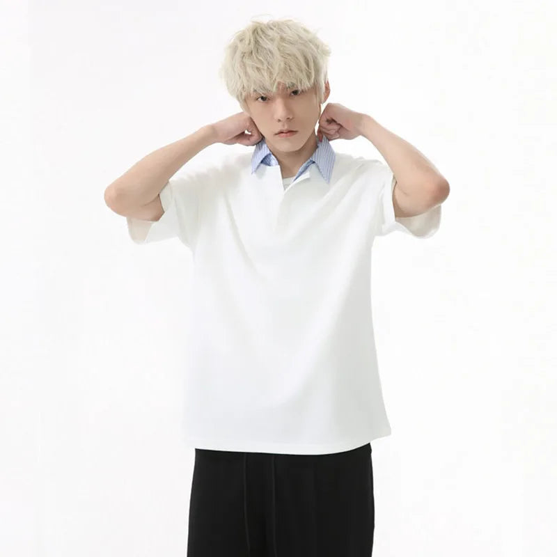Men's Short Sleeve T-shirts Korean Simple Splicing Lapel Fake Two-piece Fashion Loose Male Clothing Pullover Top 9W1584