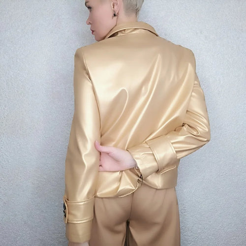 Load image into Gallery viewer, Autumn Winter Gold Faux Leather Jackets Women 2024 New Outwear Long Sleeves PU Leather Short Coats Outwear for Female
