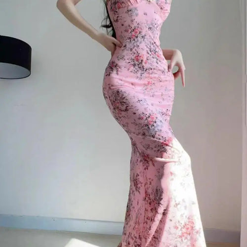 Load image into Gallery viewer, French Women Summer Pink Floral Backless Sleeveless Wrapped Hip Long Dress V Neck Ruffle Print Slim Vacation Slip Dress Bohemian
