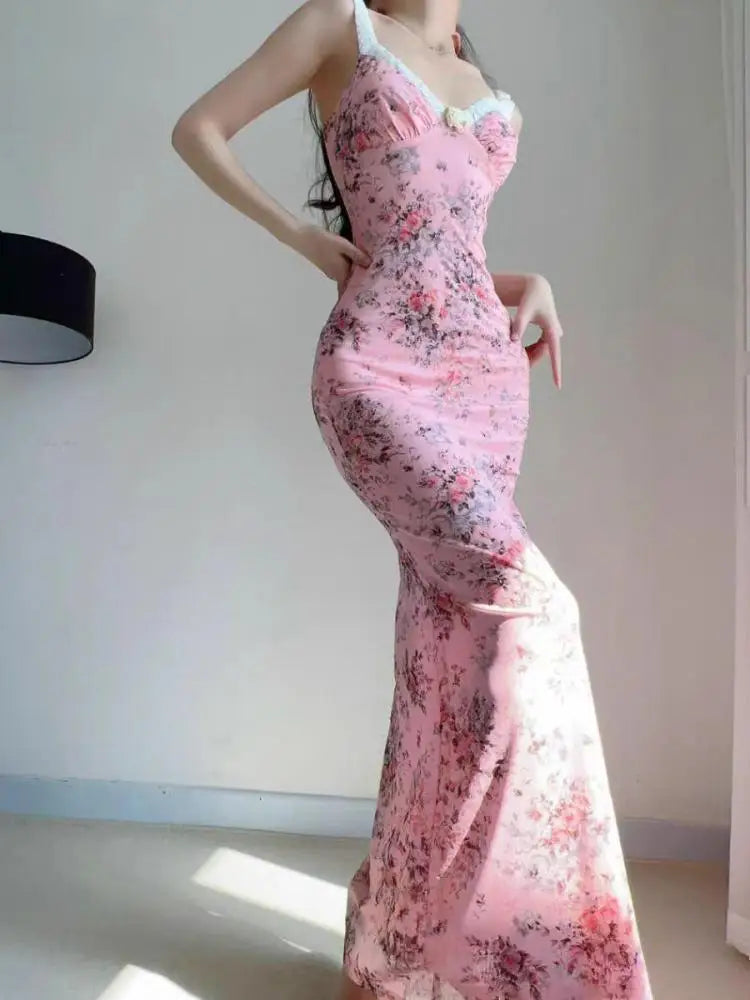 French Women Summer Pink Floral Backless Sleeveless Wrapped Hip Long Dress V Neck Ruffle Print Slim Vacation Slip Dress Bohemian