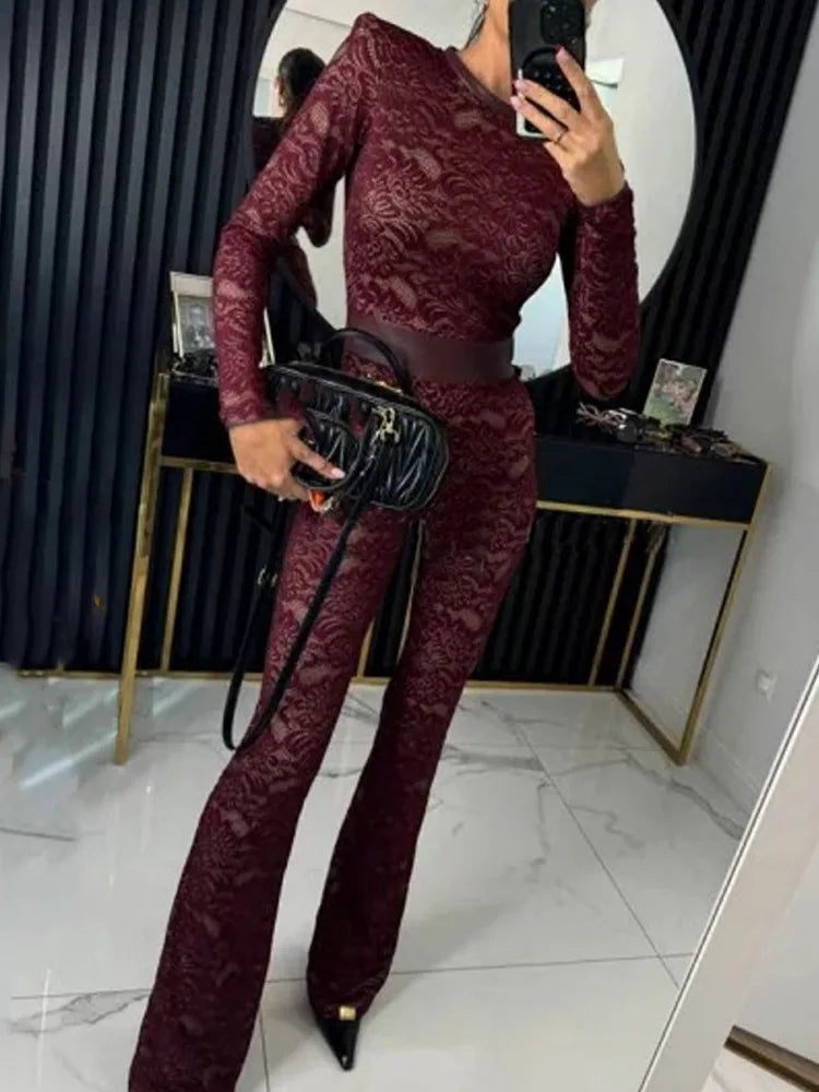 Fashion Lace Leather Patchwork Long Sleeved Jumpsuit Women's 2025 Autumn/Winter Sexy Patchwork New Elastic Tight Rompers
