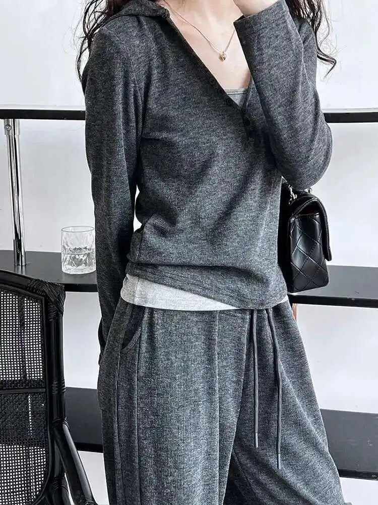Gray Soft Casual T-shirt Wide Leg Pants Three  Piece Suit New Hooded Long Sleeve Women Fashion Spring Autumn 2025 1DH6649