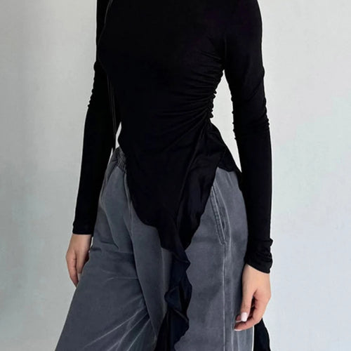 Load image into Gallery viewer, Y2k Aesthetic Irregular Ruffled Crop Tops Vintage Harajuku Autumn Solid T-Shirt Streetwear Sexy Slim Fit Pleated Grunge Shirt
