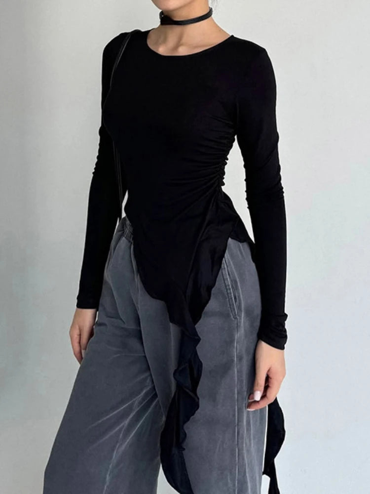 Y2k Aesthetic Irregular Ruffled Crop Tops Vintage Harajuku Autumn Solid T-Shirt Streetwear Sexy Slim Fit Pleated Grunge Shirt