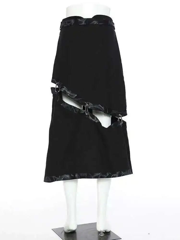 High Waist Black Detachable Irregular Printed Denim Half-body Skirt Women Fashion Tide New Spring Autumn 2025 1DH4523