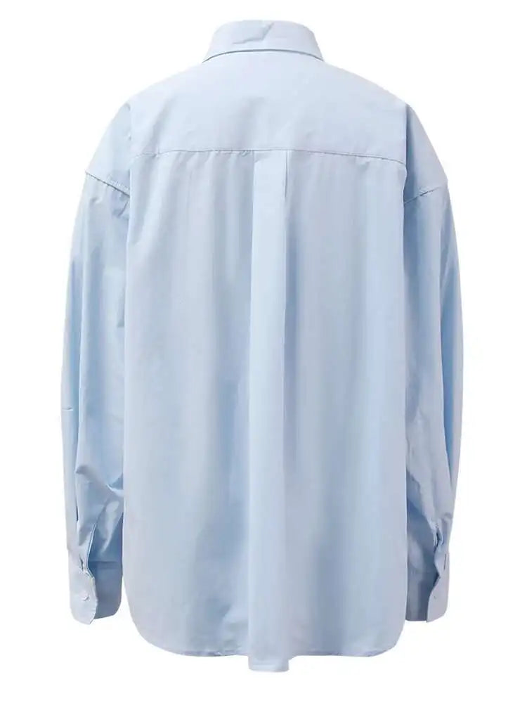 Women Blue Button Shaped Big Size Casual Blouse New Lapel Long Sleeve Shirt Fashion Tide Spring Autumn 2025 CPG1455