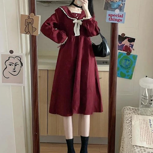Load image into Gallery viewer, Vintage Preppy Style School Student Dress Red Japanese Harajuku Korean Kpop Sailor Collar Long Sleeve Dresses Autumn
