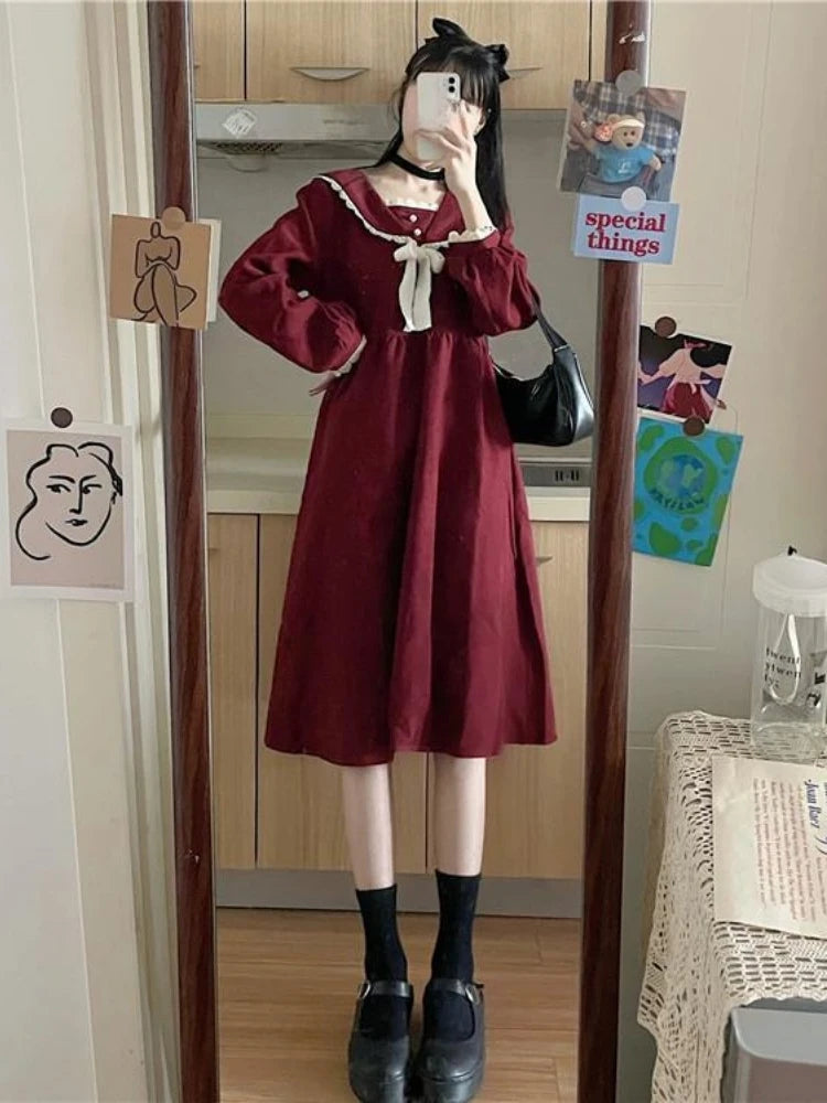 Vintage Preppy Style School Student Dress Red Japanese Harajuku Korean Kpop Sailor Collar Long Sleeve Dresses Autumn