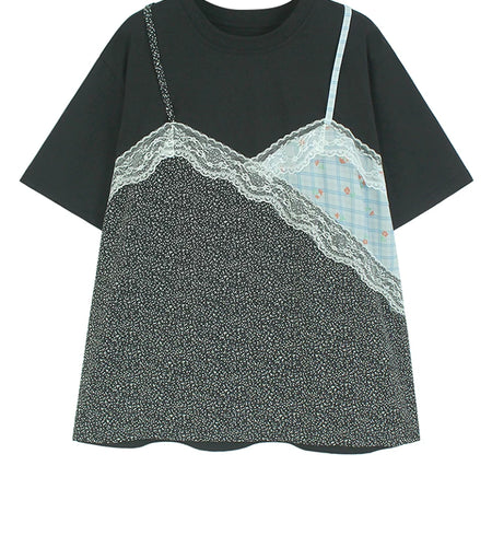 Women Black Lace False Two Big Size Elegant T-shirt New Round Neck Short Sleeve Fashion Tide Spring Summer 2025  1DJ0590