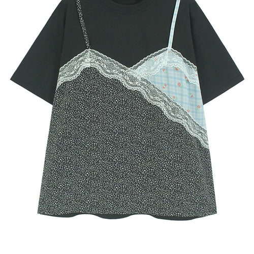 Load image into Gallery viewer, Women Black Lace False Two Big Size Elegant T-shirt New Round Neck Short Sleeve Fashion Tide Spring Summer 2025  1DJ0590
