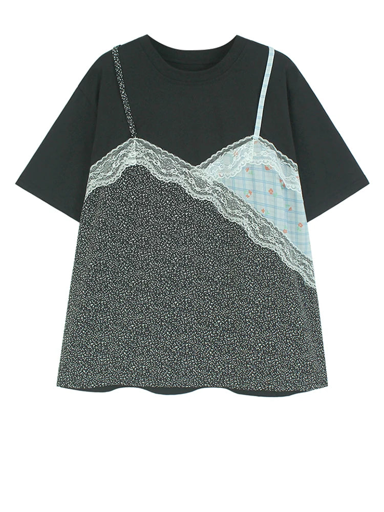 Women Black Lace False Two Big Size Elegant T-shirt New Round Neck Short Sleeve Fashion Tide Spring Summer 2025  1DJ0590